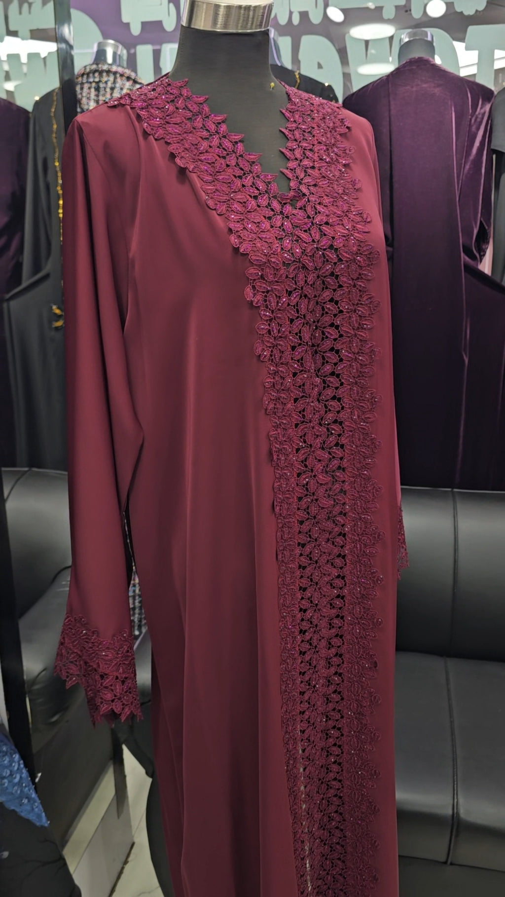 Berry red floral cut abaya