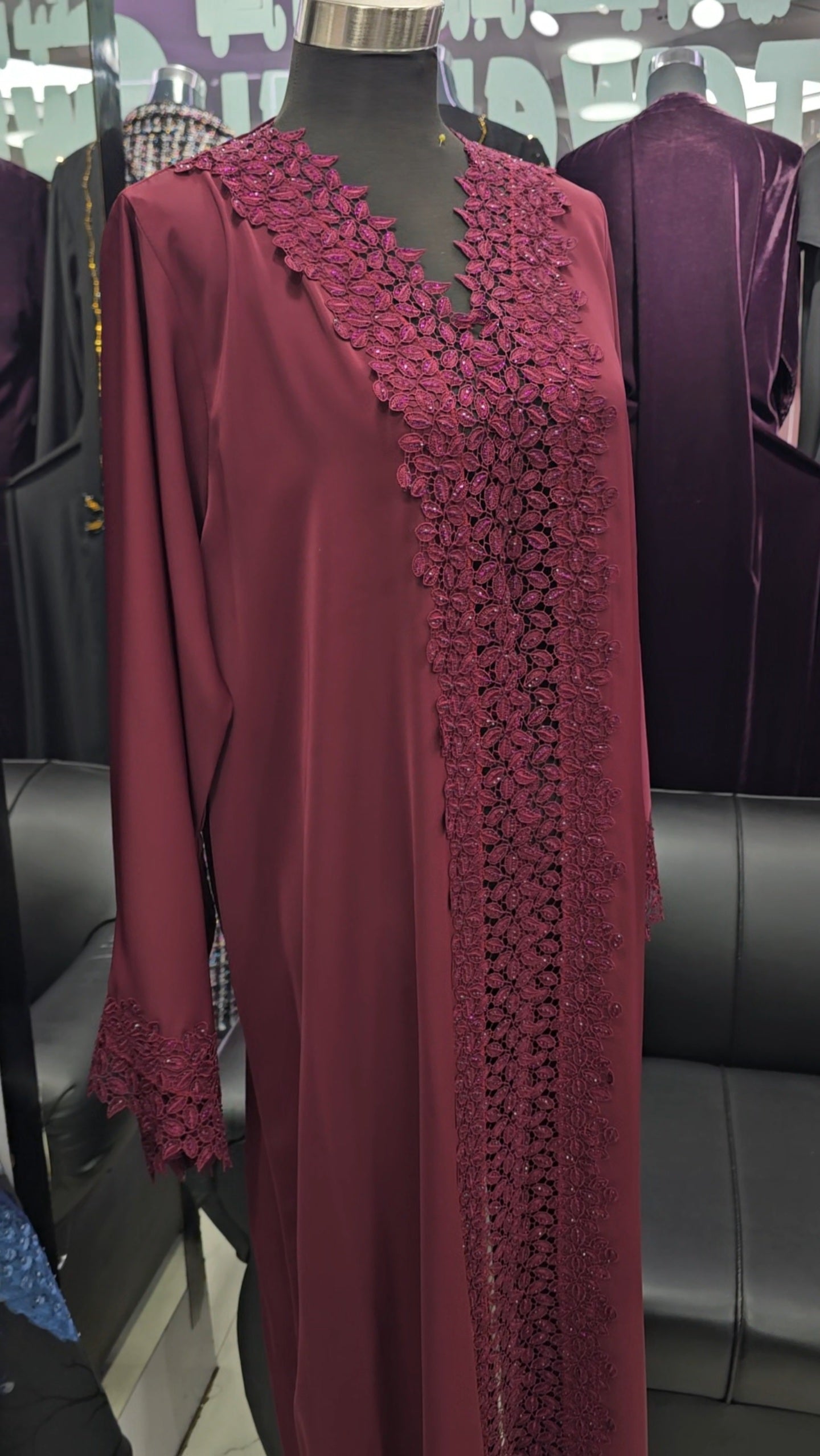 Berry red floral cut abaya