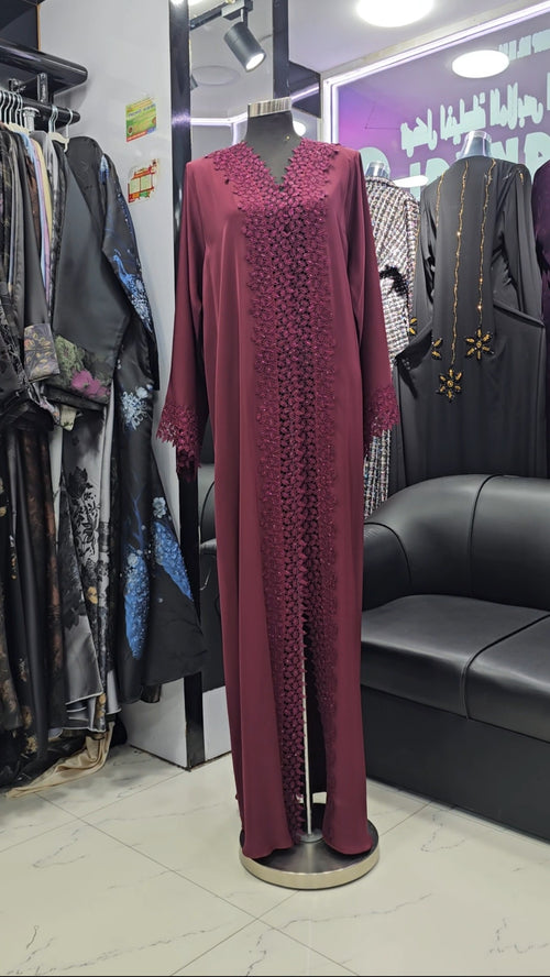 Berry red floral cut abaya
